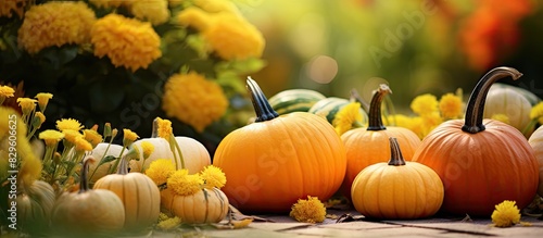 Autumn setting with petite pumpkins in a garden perfect for a copy space image