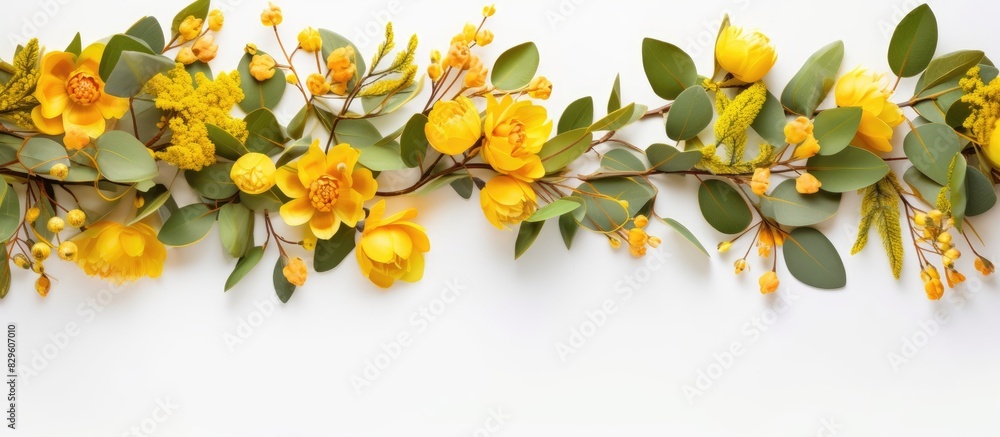 Top view of a floral arrangement featuring yellow flowers and eucalyptus leaves on a white backdrop perfect for adding text or graphics with a copy space image Top view of a floral arrangement featuring yellow flowers and eucalyptus leaves on a white backdrop perfect for adding text or graphics with a copy space image