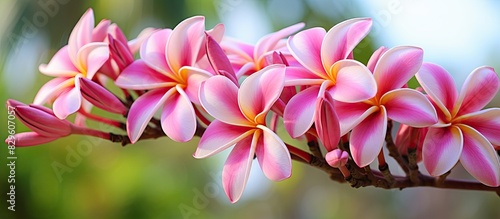 Gorgeous pink Frangipani Plumeria flowers with a natural backdrop perfect for a copy space image