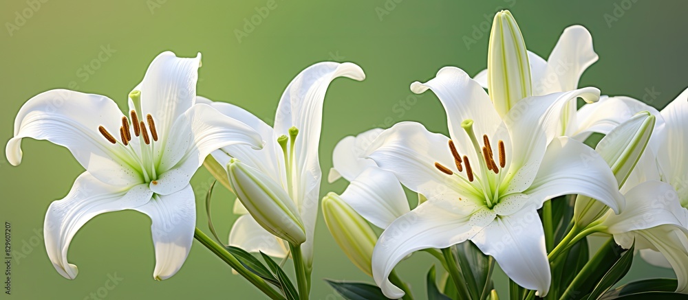 Obraz premium White lily flowers in a garden with green background representing summer Ideal as a floral background for websites greeting cards or flower shop banners Copy space image
