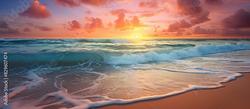Scenic sunset seascape sandy beach foamy waves vivid sundown hues and clouds over the sea creating a picturesque setting with a copy space image