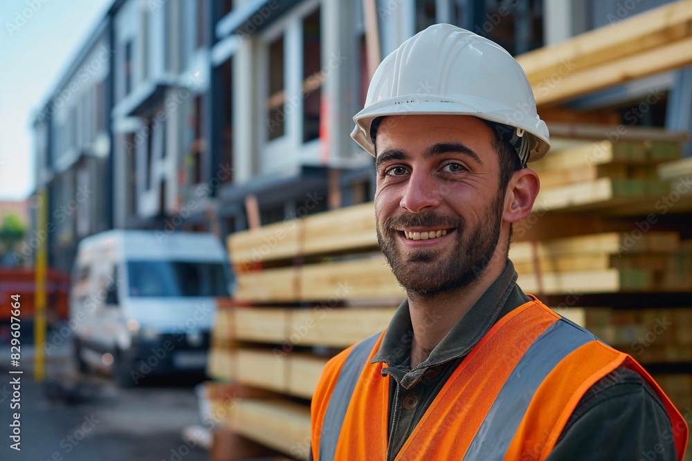 Smiling male construction worker in his mid-20s wearing a hard hat and high-vis vest at a construction site with buildings in the background Smiling male construction worker in his mid-20s wearing a hard hat and high-vis vest at a construction site with buildings in the background