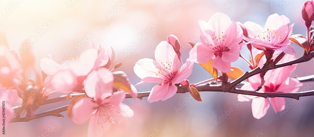 Macro view of a vibrant pink blossom blooming in sunlight creating a picturesque nature background with copy space image