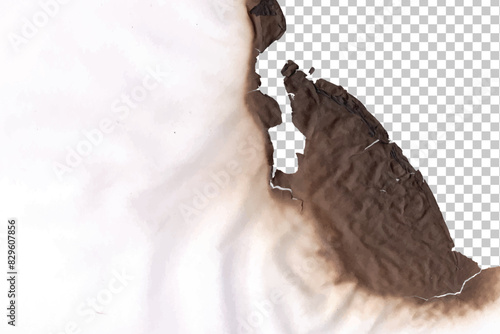 Burn in paper with brown edges and flames isolated on transparent background