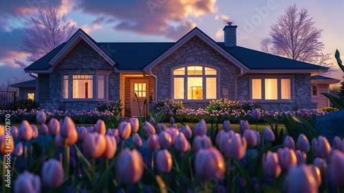 A suburban home with a charming stone facade, under the gentle hues of twilight, large bay windows glowing warmly, and a beautifully landscaped front yard with tulips in shades of lavender and peach. photo