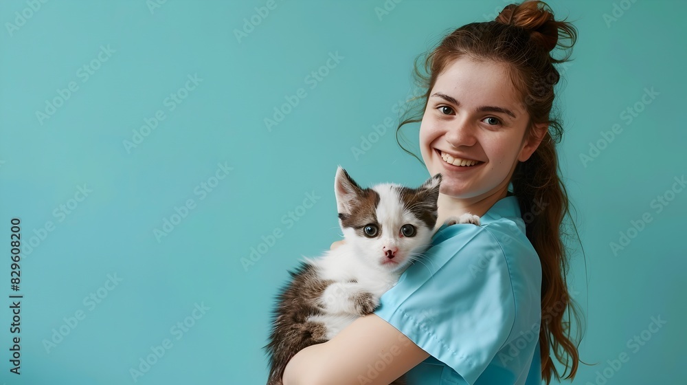 Happy Young Animal Shelter Manager Fostering Hope and Joy with a Colorful Background Happy Young Animal Shelter Manager Fostering Hope and Joy with a Colorful Background
