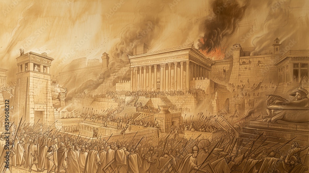 Obraz premium Biblical Illustration: The Fall of Jerusalem, Babylonians Conquer, Temple Burning, Exile Begins, Beige Background, Copyspace