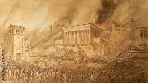 Biblical Illustration: The Fall of Jerusalem, Babylonians Conquer, Temple Burning, Exile Begins, Beige Background, Copyspace photo