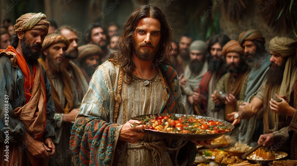 A depiction of Jesus Christ feeding the multitudes.