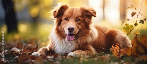 A red haired fluffy mixed breed dog is lounging outdoors in a natural setting with a peaceful look creating an appealing copy space image photo