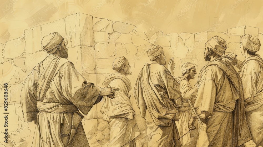 Fototapeta premium Biblical Illustration: Nehemiah Rebuilds the Wall, Leading Effort with Determination, Facing Opposition, Beige Background, Copyspace