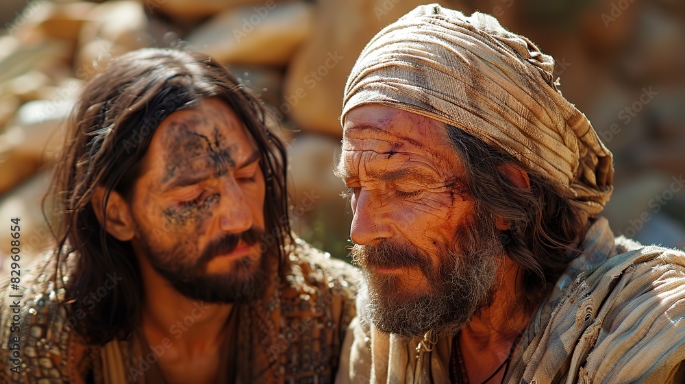 A depiction of Jesus Christ healing a blind man. A depiction of Jesus Christ healing a blind man.