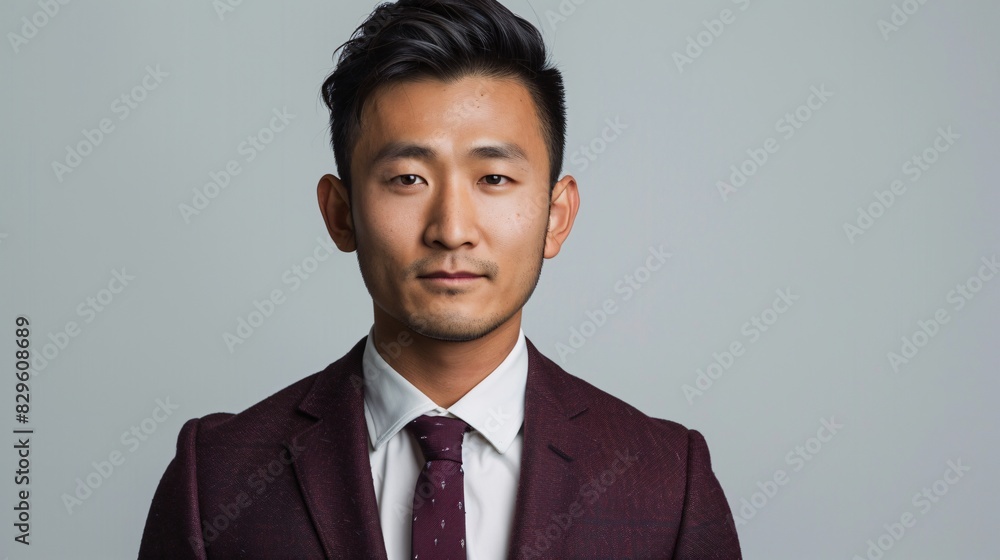 High-quality portrait of an Asian professional dressed in a trendy burgundy suit and tie, standing relaxed against a white background High-quality portrait of an Asian professional dressed in a trendy burgundy suit and tie, standing relaxed against a white background