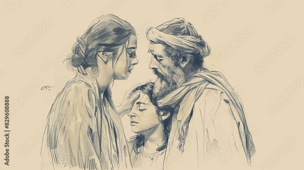 Obraz premium Biblical Illustration: Elisha and the Shunammite Woman, Raising Her Son from Dead, Grateful Response, Beige Background, Copyspace