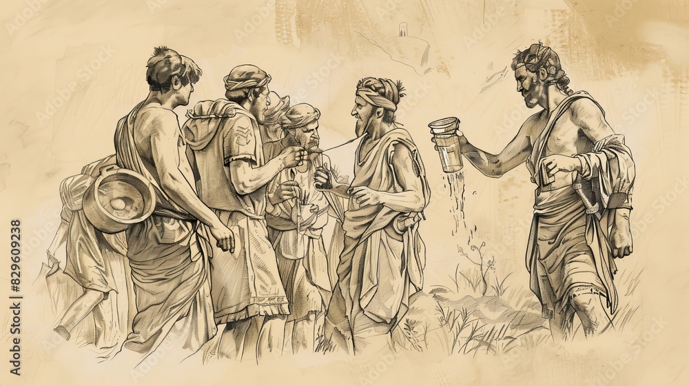 Fototapeta premium Biblical Illustration: Gideon's Army, Selecting by Drinking Water, Small Group Defeats Midianites, Beige Background, Copyspace