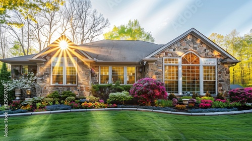 A suburban home with a charming stone facade, during a clear, crisp spring morning, large bay windows sparkling in the sunlight, and a beautifully landscaped front yard with vibrant spring colors
