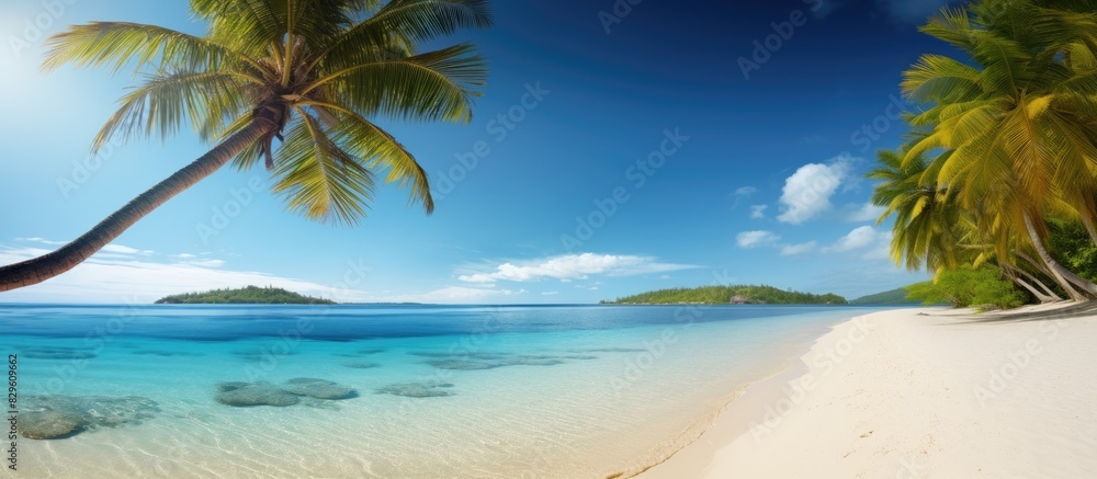 A sunny palm fringed tropical beach with clear blue waters and golden sands inviting relaxation and tranquility perfect for a copy space image A sunny palm fringed tropical beach with clear blue waters and golden sands inviting relaxation and tranquility perfect for a copy space image