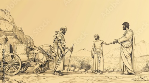 Biblical Illustration: Philip and Ethiopian Eunuch, Baptism in Desert, Chariot Scene, Beige Background, Copyspace photo