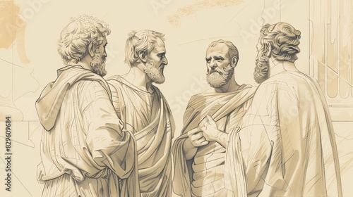 Biblical Illustration: Paul's Arrest and Trial, Defending Faith Before Festus and Agrippa, Beige Background, Copyspace photo