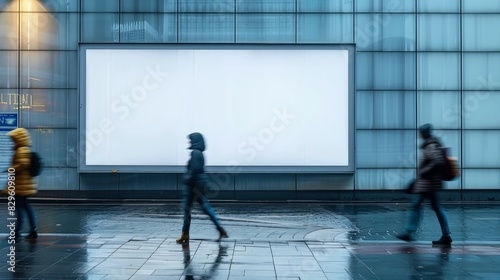 Outdoor blank billboard sign board poster with people passing by. 