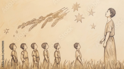 Biblical Illustration: Joseph's Dreams, Sheaves of Wheat and Stars Bowing, Brothers' Jealousy, Beige Background, Copyspace