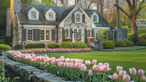 A suburban home with a charming stone facade, showcasing an elegant Colonial Revival style, large bay windows with shutters, and a front yard garden with neat rows of pink and white tulips.