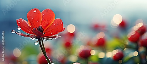 A blooming red Mickey Mouse plant flower on a branch in a garden with a drop of water providing a charming copy space image