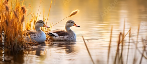 Ducks in the wild by the lake surrounded by reeds with copy space image