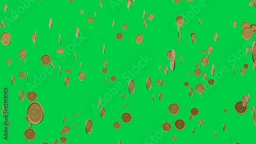 Raining Bitcoin with Green Screen background - looping 3d render animation