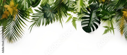 A border arrangement featuring vibrant tropical leaves on a white backdrop creating a minimalistic and exotic summer concept with ample copy space image