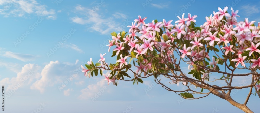 Tropical tree with Plumeria or frangipani flowers in a copy space image