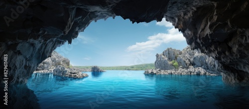 Scenic view of a turquoise lake framed by a cave with available copy space image photo