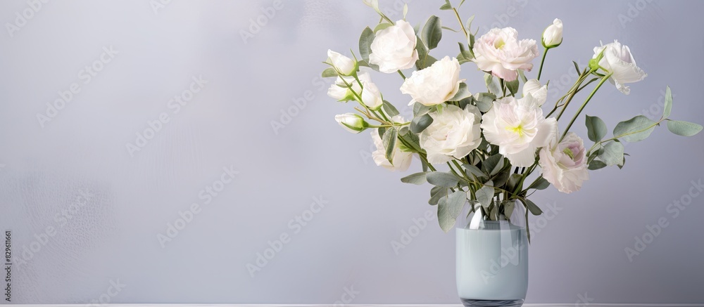 Elegant eustoma and eucalyptus bouquet in a glass vase on a soft gray backdrop with selective focus for a tranquil atmosphere with copy space image