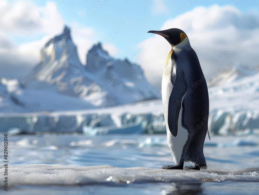 Fototapeta premium Majestic Penguin Silhouetted Against Snowy Mountains on Shoreline