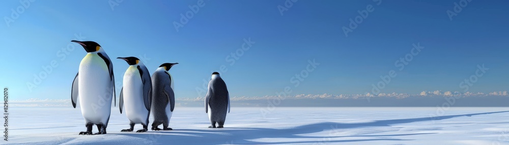 Fototapeta premium Graceful Penguins Marching on Ice under Clear Blue Skies