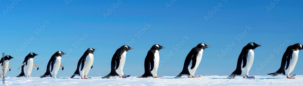 Obraz premium Waddling Penguins: Adorable March on Ice Under Clear Blue Sky