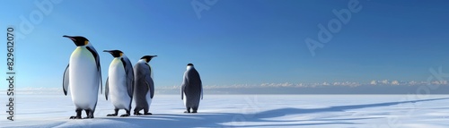 Graceful Penguins Marching on Ice under Clear Blue Skies