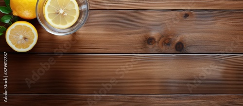 Wooden surface with a glass of water and lemon slices ideal for a detox morning routine with a natural and refreshing copy space image