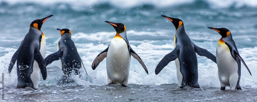 Fototapeta premium Playful Penguins Enjoying the Icy Shores - Wildlife in Antarctica