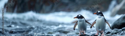 Majestic Penguins Roaming Across a Picturesque Rocky Shoreline