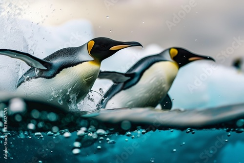 Playful Penguins Diving into Crystal Blue Ocean Waters from Ice Floe on Sunny Day