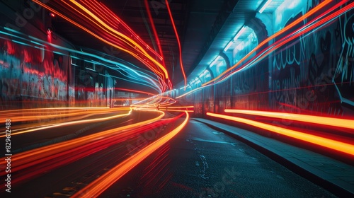 Neon light trails in urban night scene