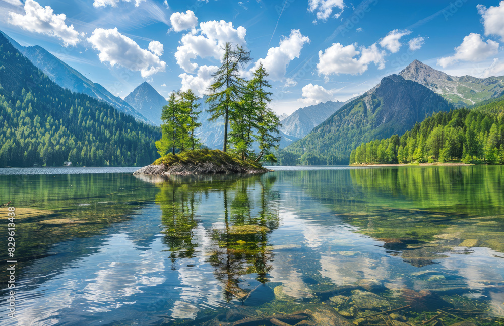 A picturesque scene of the majestic Alps, with clear blue skies and lush green forests surrounding an emerald lake. Created with Ai
