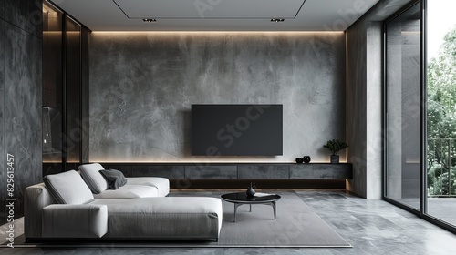 In the living room of a small apartment  designed in a minimalist style  without cluttering the space. light gray floor tiles Makes the room look airy without having to attach a ceiling.