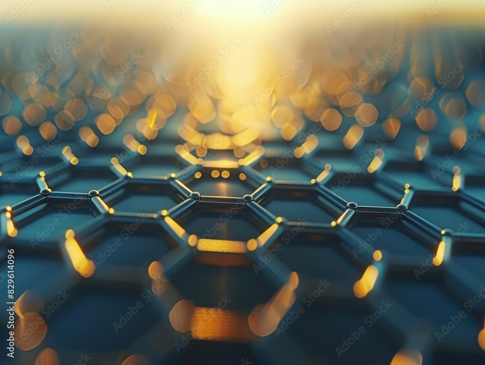 Fototapeta premium Unveiling Graphene Complexity, Intricate Molecular Grid and Hexagonal Geometric Forms - Close-Up View of Graphene Surface for Nanotechnology Exploration