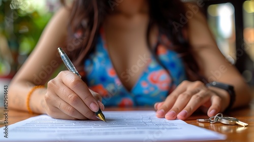 Close-Up of Woman Signing Document with Pen on Table