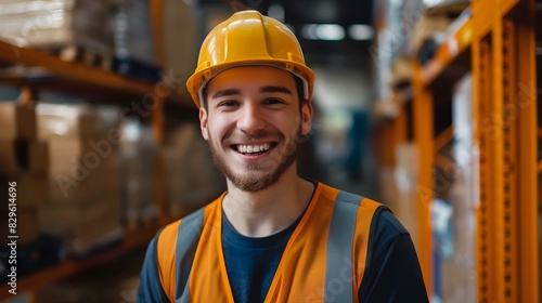 Happy Young Warehouse Worker Exuding Pride and Enthusiasm in a Vibrant Industrial Setting © CYBERUSS