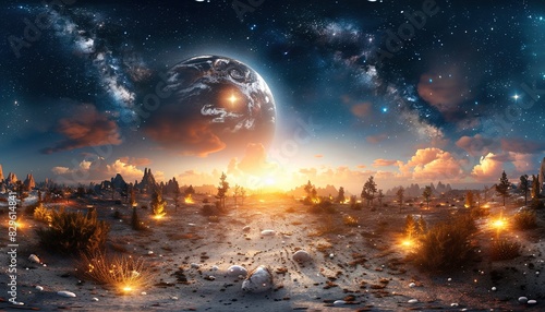 A futuristic landscape with a glowing planet in the sky. The scene is filled with fire and debris, suggesting a post-apocalyptic world. photo