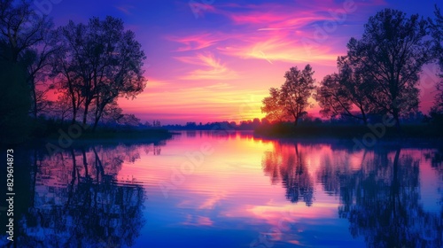 Vibrant Sunset Over Calm Lake with Trees