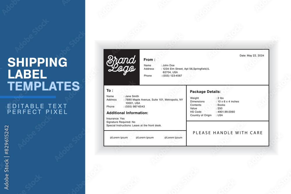 Obraz premium Simple Custom Shipping Label Design Template with Sender, Recipient, Package Details, and Customs Information